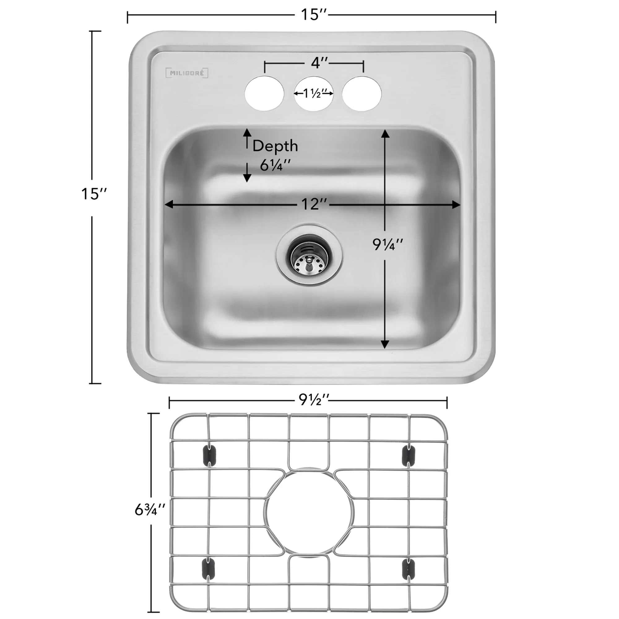 15" x 15" Top-Mount 22-Gauge Stainless Steel Sink - Miligore