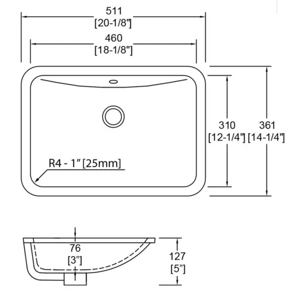 18″ x 12″ Porcelain Undermount Rectangle Lavatory Sink