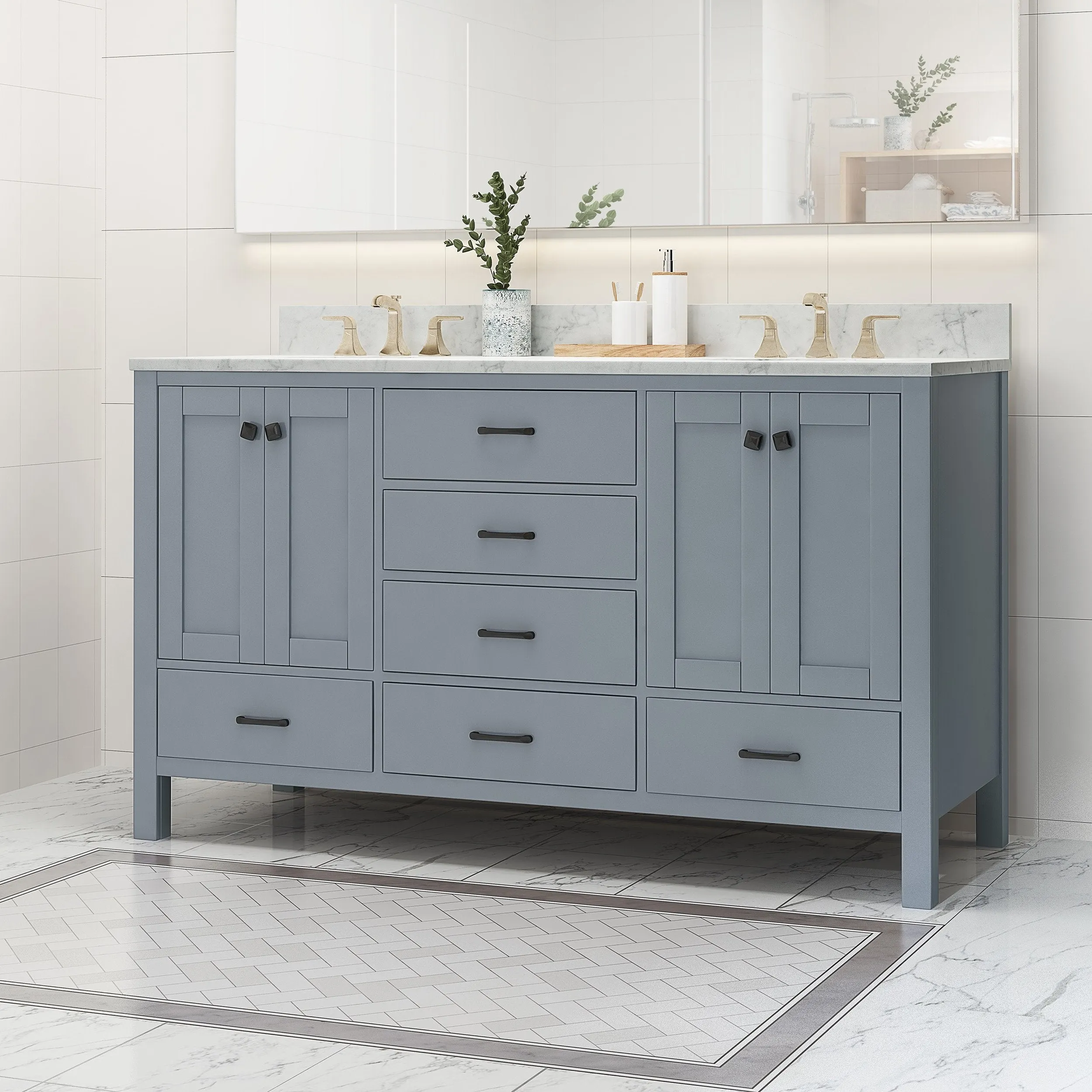 60" Wood Double Sink Bathroom Vanity with Marble Counter Top with Carrara White Marble - NH439703