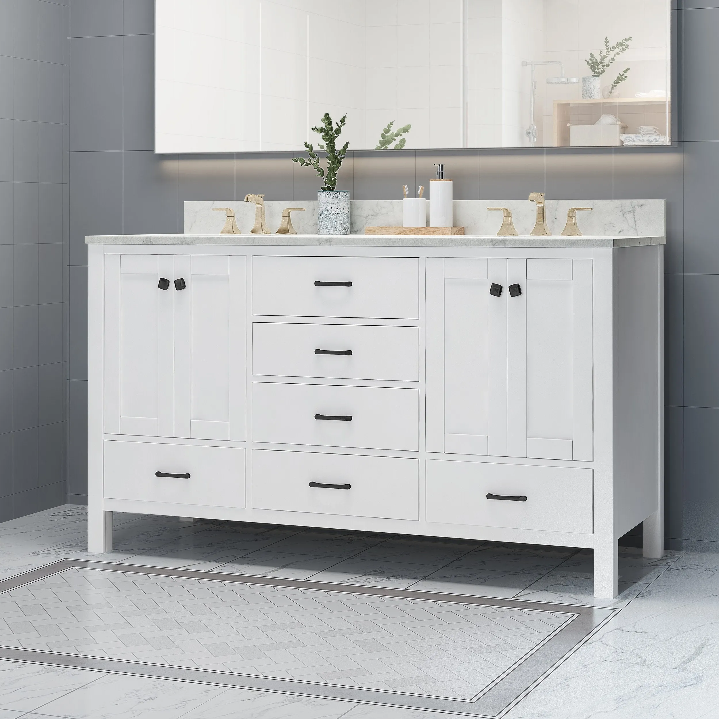 60" Wood Double Sink Bathroom Vanity with Marble Counter Top with Carrara White Marble - NH439703