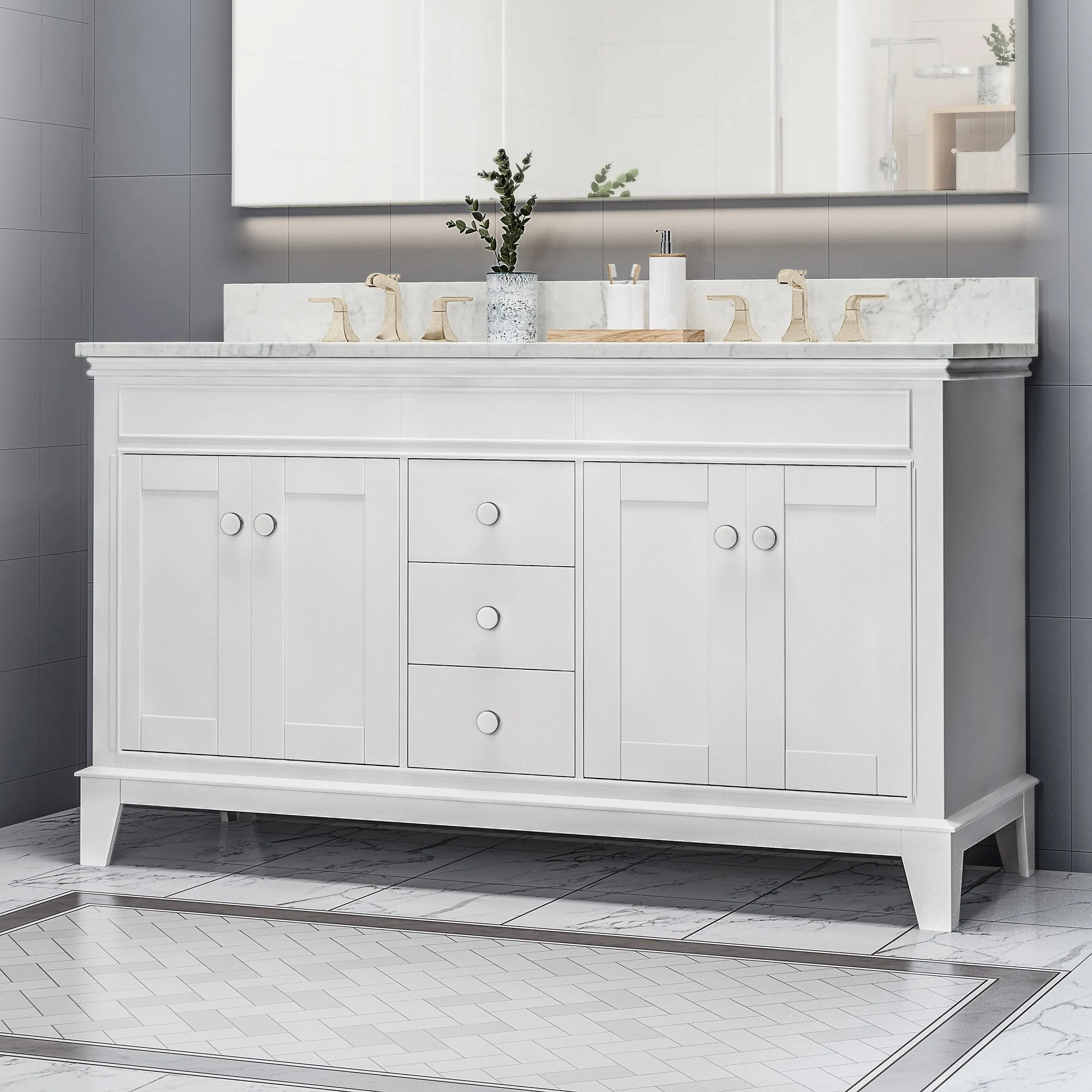 60" Wood Double Sink Bathroom Vanity with Marble Counter Top with Carrara White Marble - NH898703