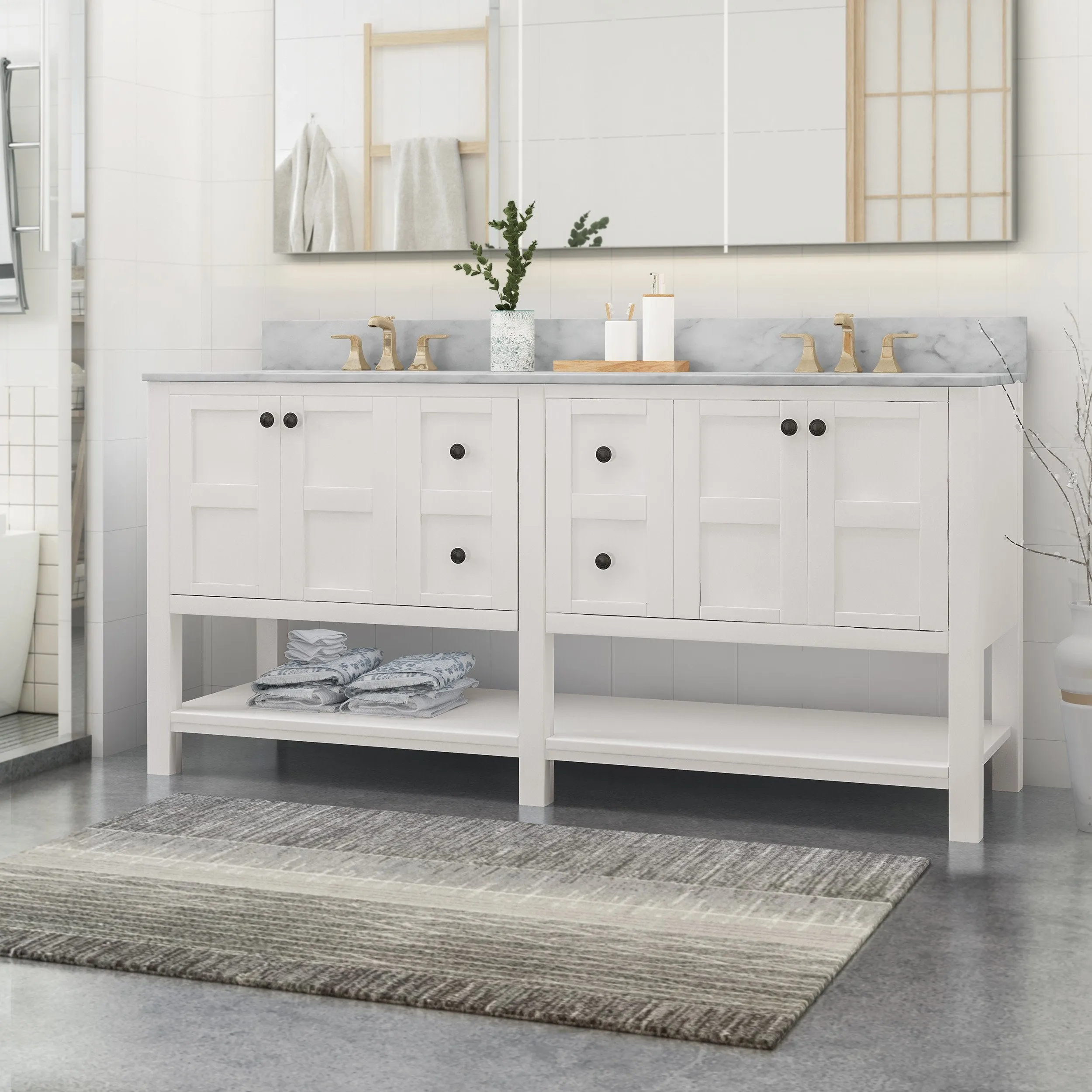 72" Wood Double Sink Bathroom Vanity with Marble Counter Top with Carrara White Marble - NH829703