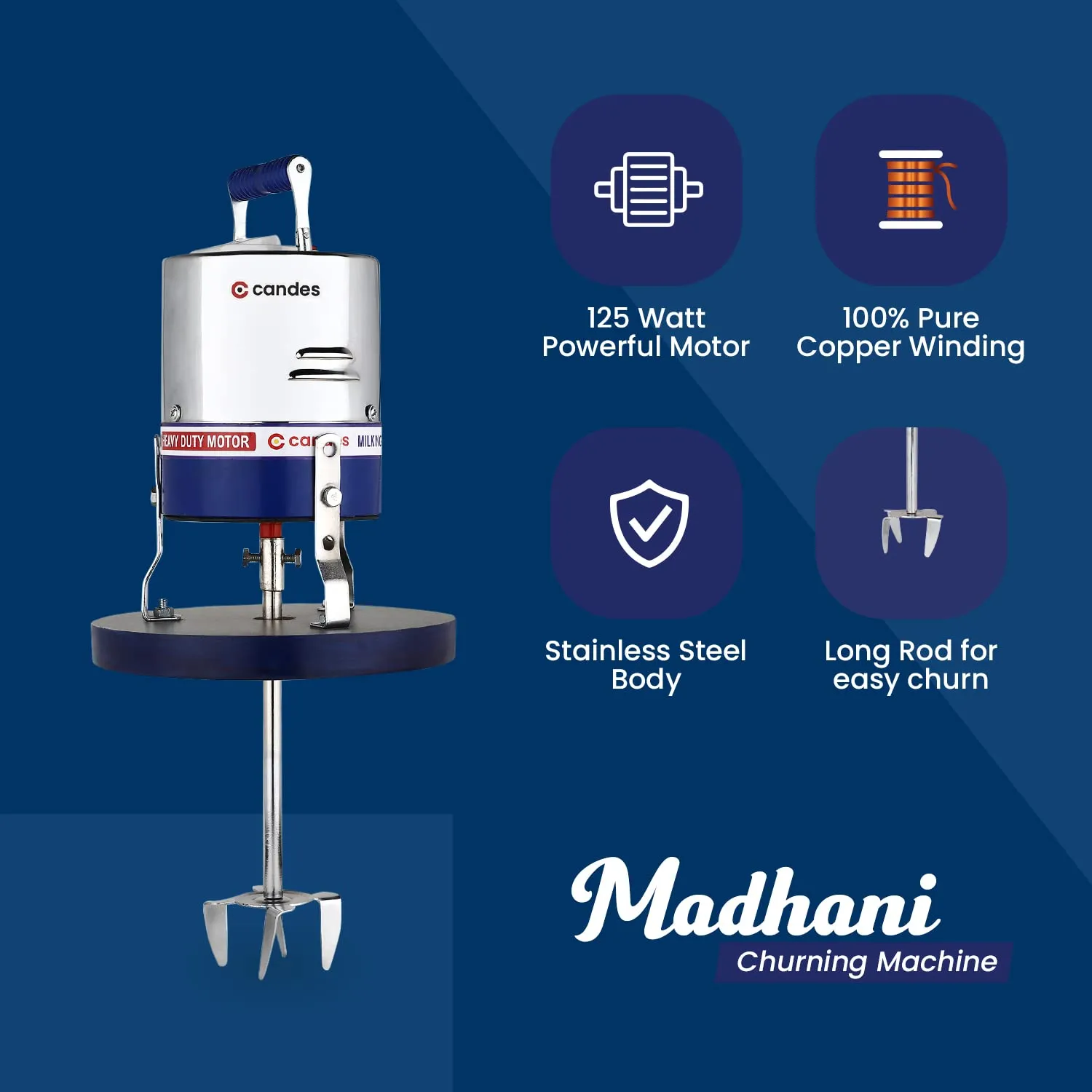 Candes Copper 12L Electric Madhani For Making Butter Milk, Lassi, Cream, Curd - 125 Watts (White Blue)