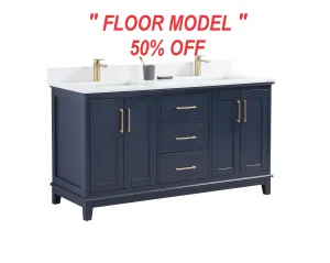 CCS501 - 60" Navy Blue, Double Sink, Floor Standing Modern Bathroom Vanity, White Quartz Countertop ** FLOOR MODEL **