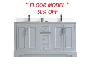 CCS701 - 60" Grey, Double Sink, Floor Standing Modern Bathroom Vanity,  White Quartz Countertop, Chrome Hardware***FLOOR MODEL***