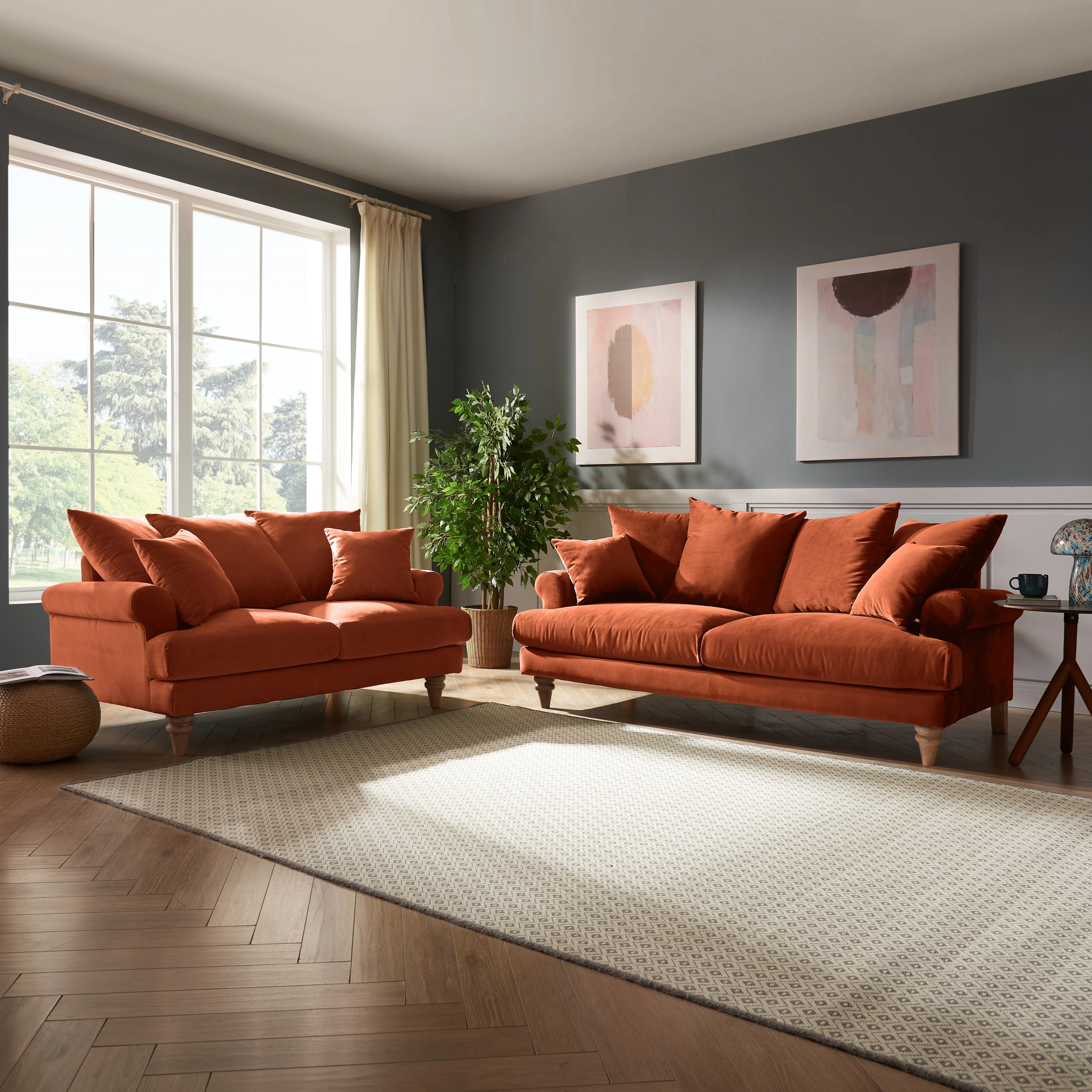 Churchill 2 3 Seater Sofa Set With Scatter Back Cushions, Luxury Burnt Orange Velvet