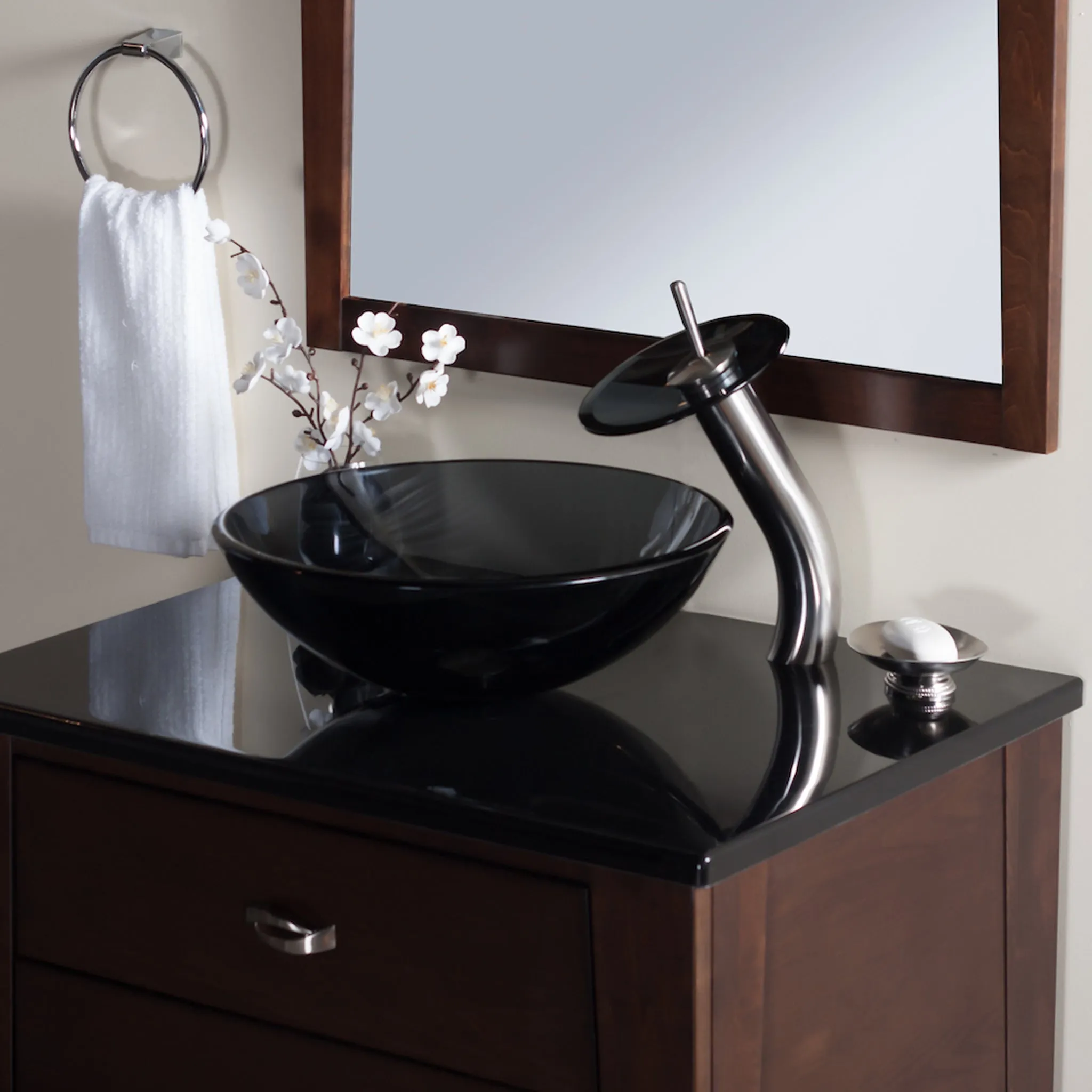 Clear Slate Grey Round Tempered Glass Vessel Bath Sink TIS-168G