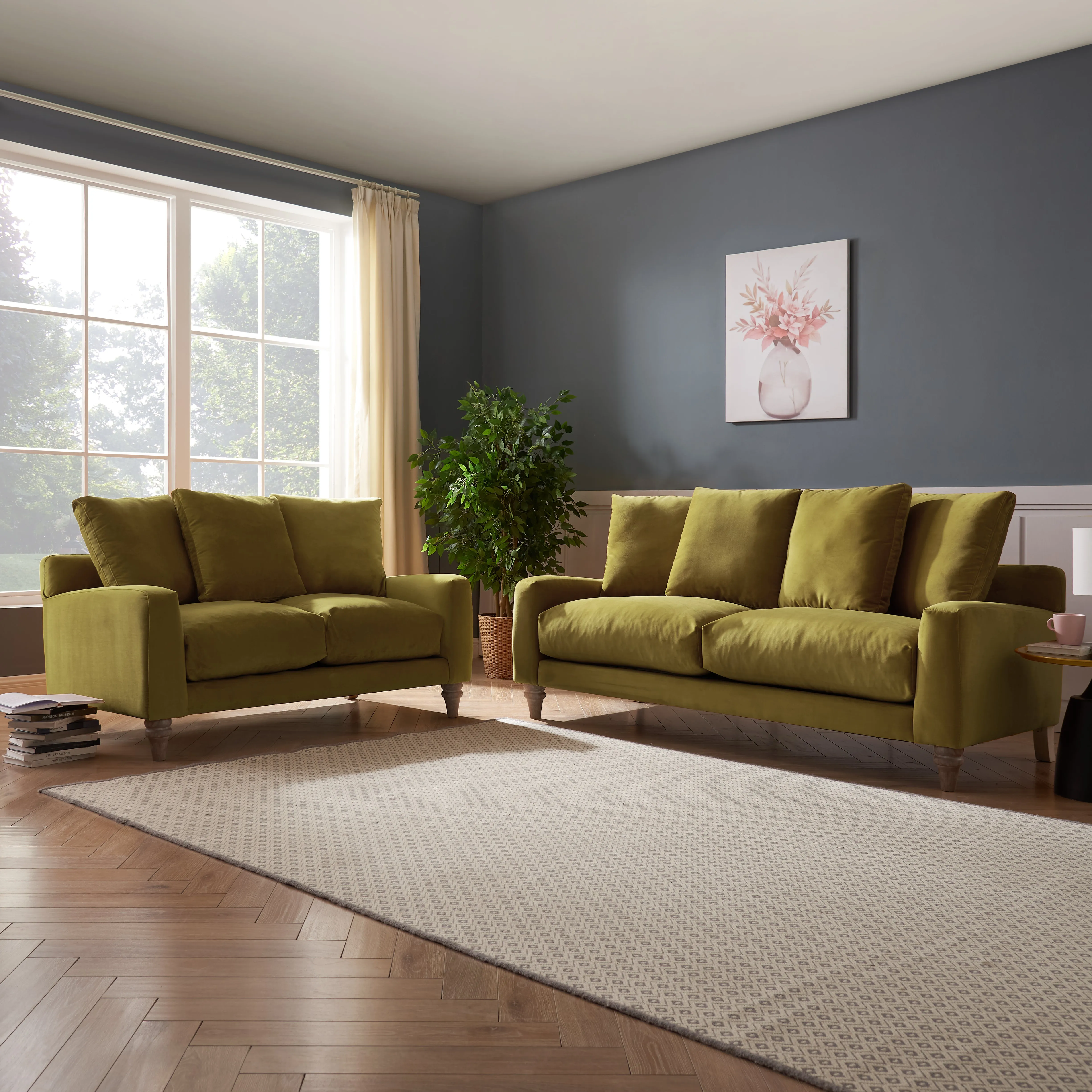 Covent 2 Seater Sofa With Scatter Back Cushions, Luxury Olive Green Velvet