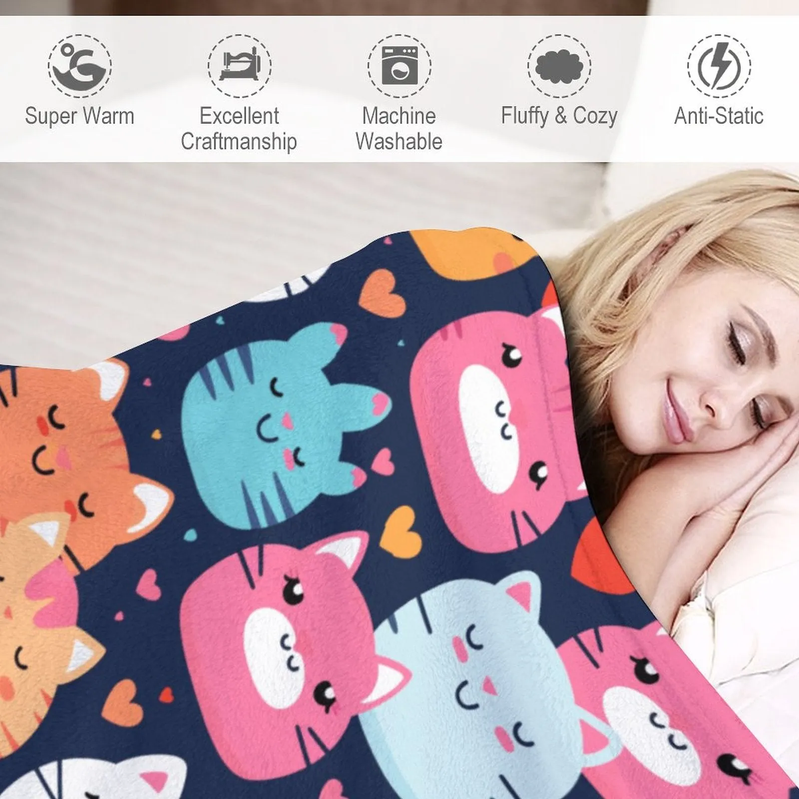 Cozy Cartoon Cat Blanket, Cozy Gift Idea, 280gsm Flannel Blanket-50"x60" (Dual-sided Printing)