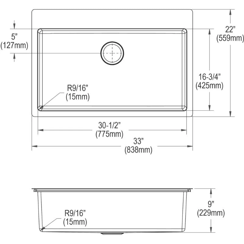 Crosstown 22" x 33" x 9" Stainless Steel Single-Basin Dual-Mount Kitchen Sink