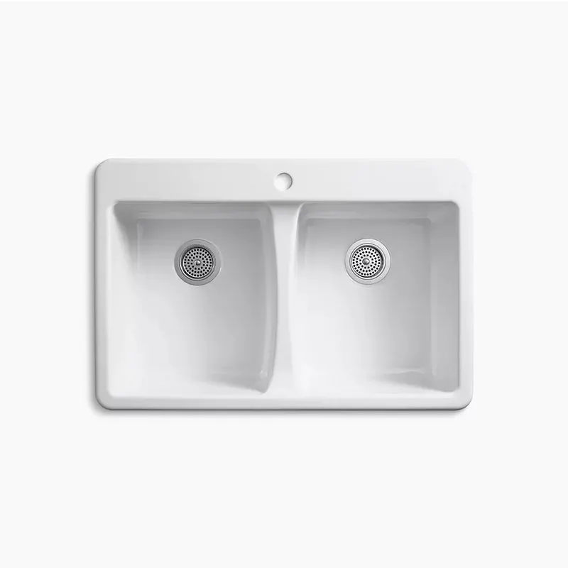 Deerfield 22" x 33" x 9.63" Enameled Cast Iron Double-Basin Drop-In Kitchen Sink in White - 1 Faucet Hole