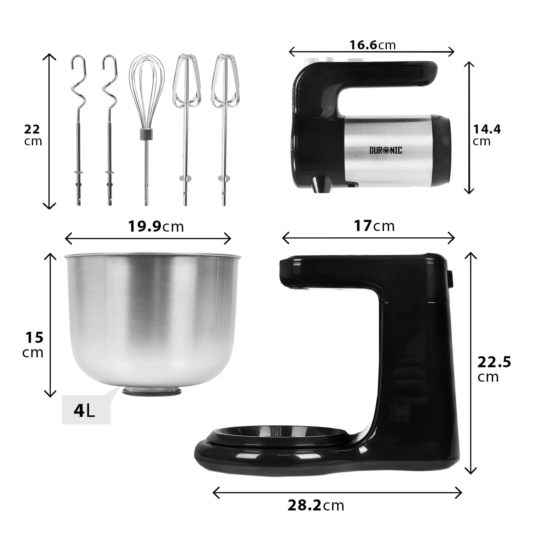 Duronic Stand & Hand Mixer SM3, Mixer for Baking, 300W Hand Held Mixer Stand with 5 Accessories, Free Standing Food Mixer for Bread, Cakes & Doughs