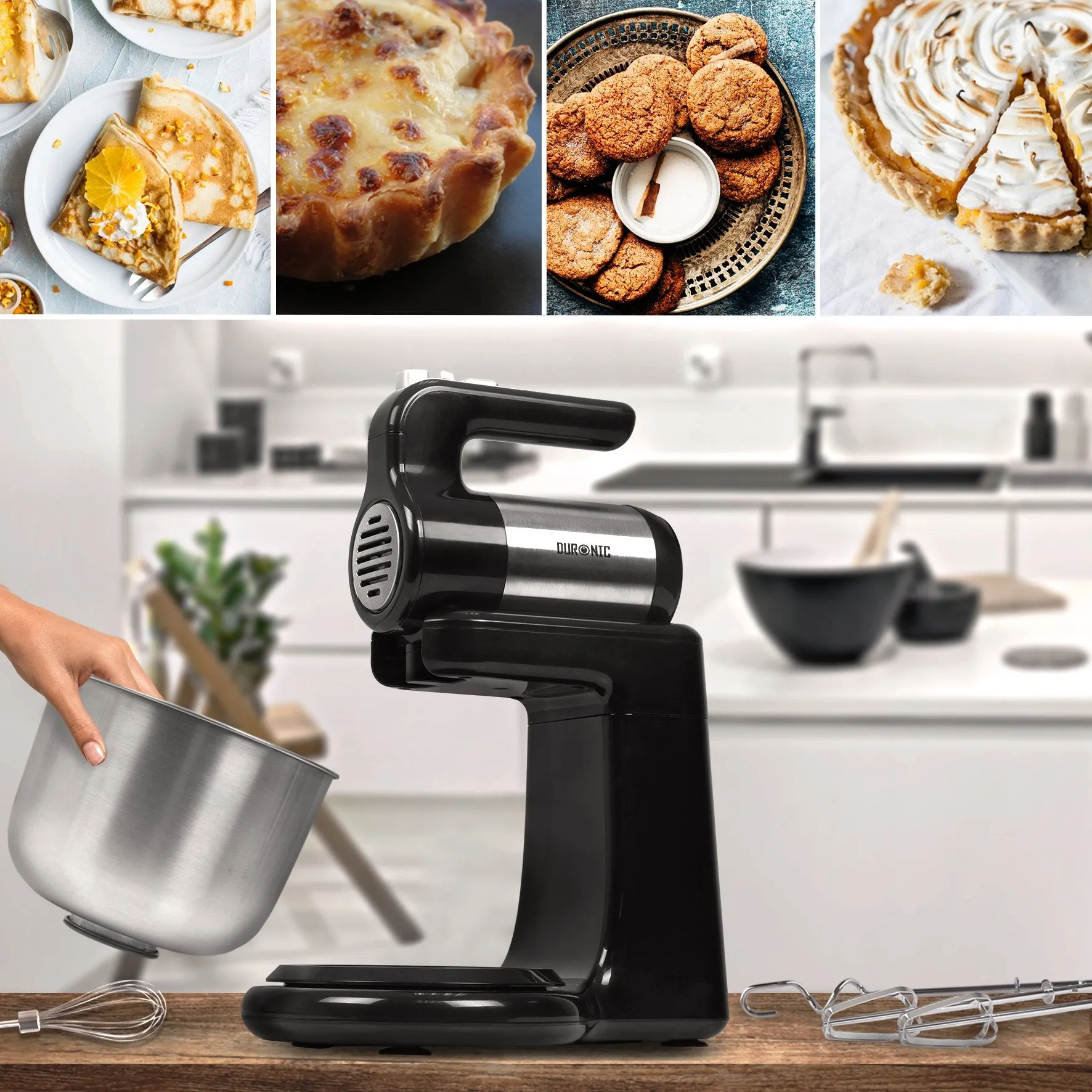 Duronic Stand & Hand Mixer SM3, Mixer for Baking, 300W Hand Held Mixer Stand with 5 Accessories, Free Standing Food Mixer for Bread, Cakes & Doughs