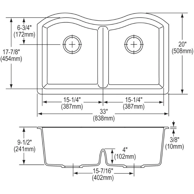 Elkay Quartz Classic 20" x 33" x 9.5" Double Basin Undermount Sink