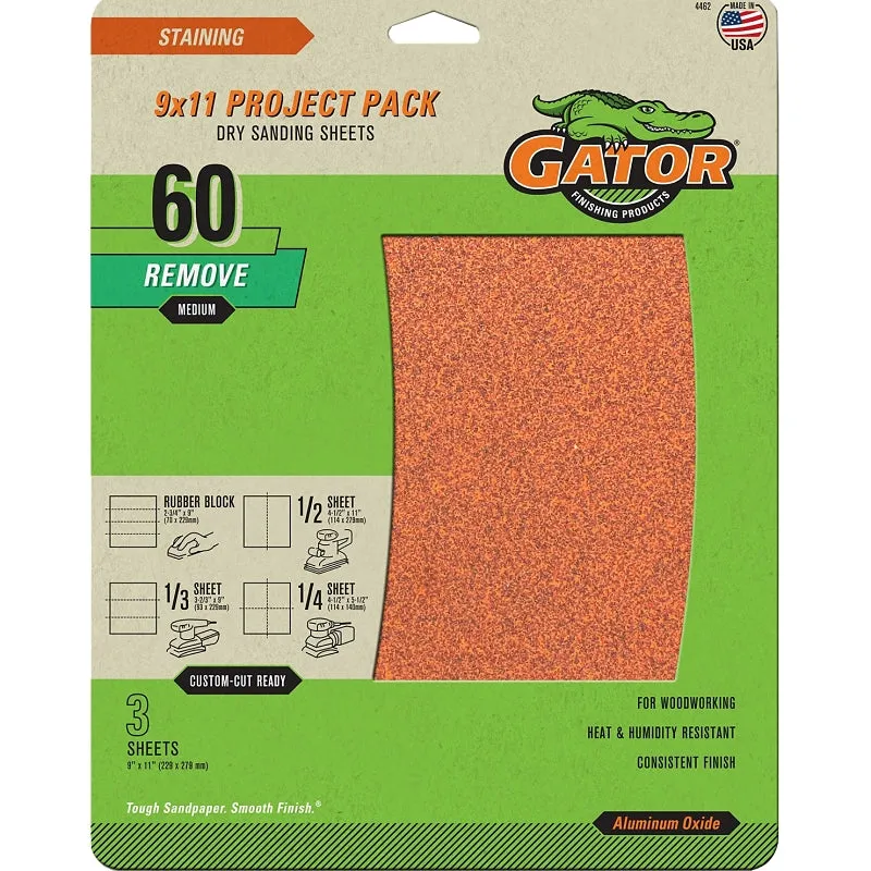 Gator 4462 Sanding Sheet, 11 in L, 9 in W, Coarse, 60 Grit, Garnet Abrasive, Paper Backing :PK  3: QUANTITY: 1