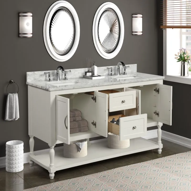 Hartwell Cove Dove White Freestanding Cabinet with Double Basin Integrated Sink and Countertop - Two Drawers (61" x 35" x 22")