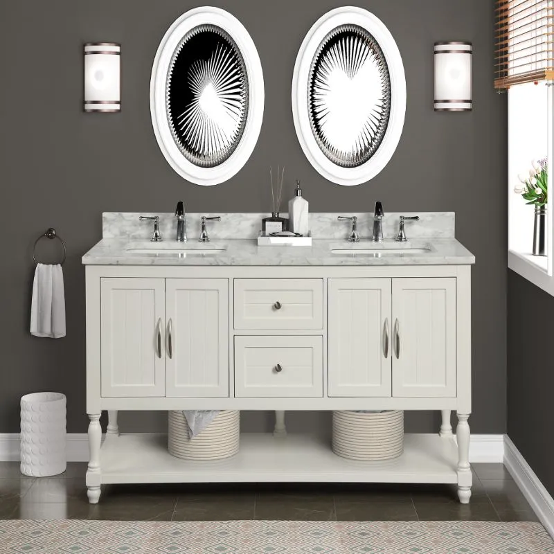 Hartwell Cove Dove White Freestanding Cabinet with Double Basin Integrated Sink and Countertop - Two Drawers (61" x 35" x 22")