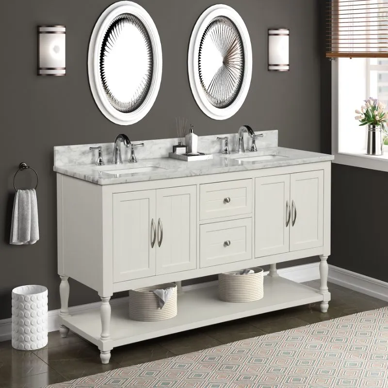 Hartwell Cove Dove White Freestanding Cabinet with Double Basin Integrated Sink and Countertop - Two Drawers (61" x 35" x 22")