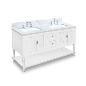 Hartwell Cove Dove White Freestanding Cabinet with Double Basin Integrated Sink and Countertop - Two Drawers (61" x 35" x 22")