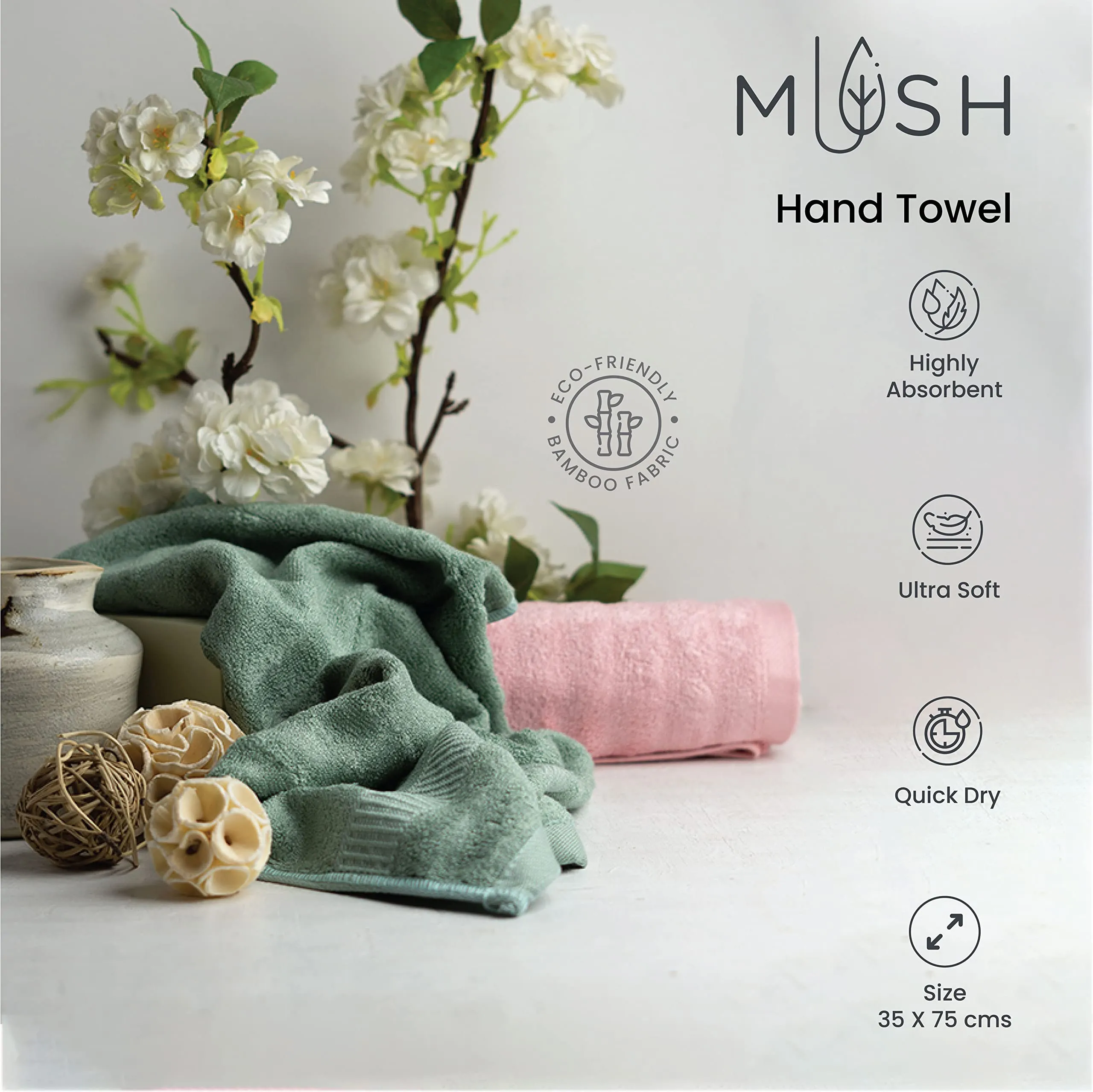 Mush Bamboo Hand Towels Set of 2 | 100% Bamboo | Ultra Soft, Absorbent & Quick Dry Towel for Daily use. Gym, Pool, Travel, Sports and Yoga | 75 X 35 cms | 600 GSM (Navy Blue & White)