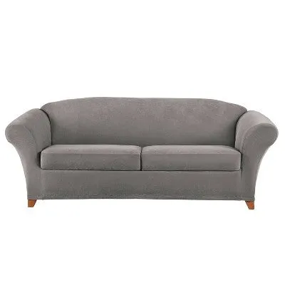 New - 3pc Stretch Pique Sofa Slipcovers Flannel Gray - Sure Fit: Furniture Protector, Indoor Elastic Fit