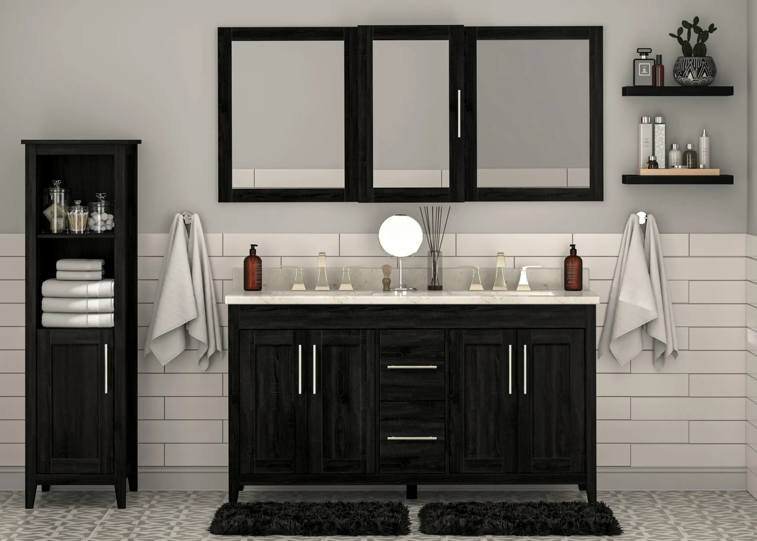 Novara - 60" Double sink CANADIAN, Midnight Black Bathroom Vanity with Quartz top