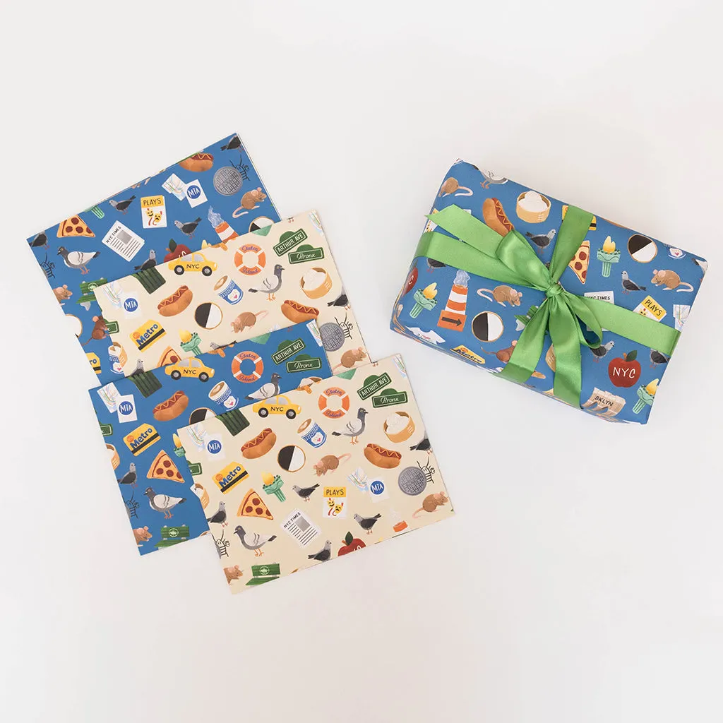 NYC Minis Wrapping Paper Sheets - 2 Blue Sheets & 2 Tan Sheets