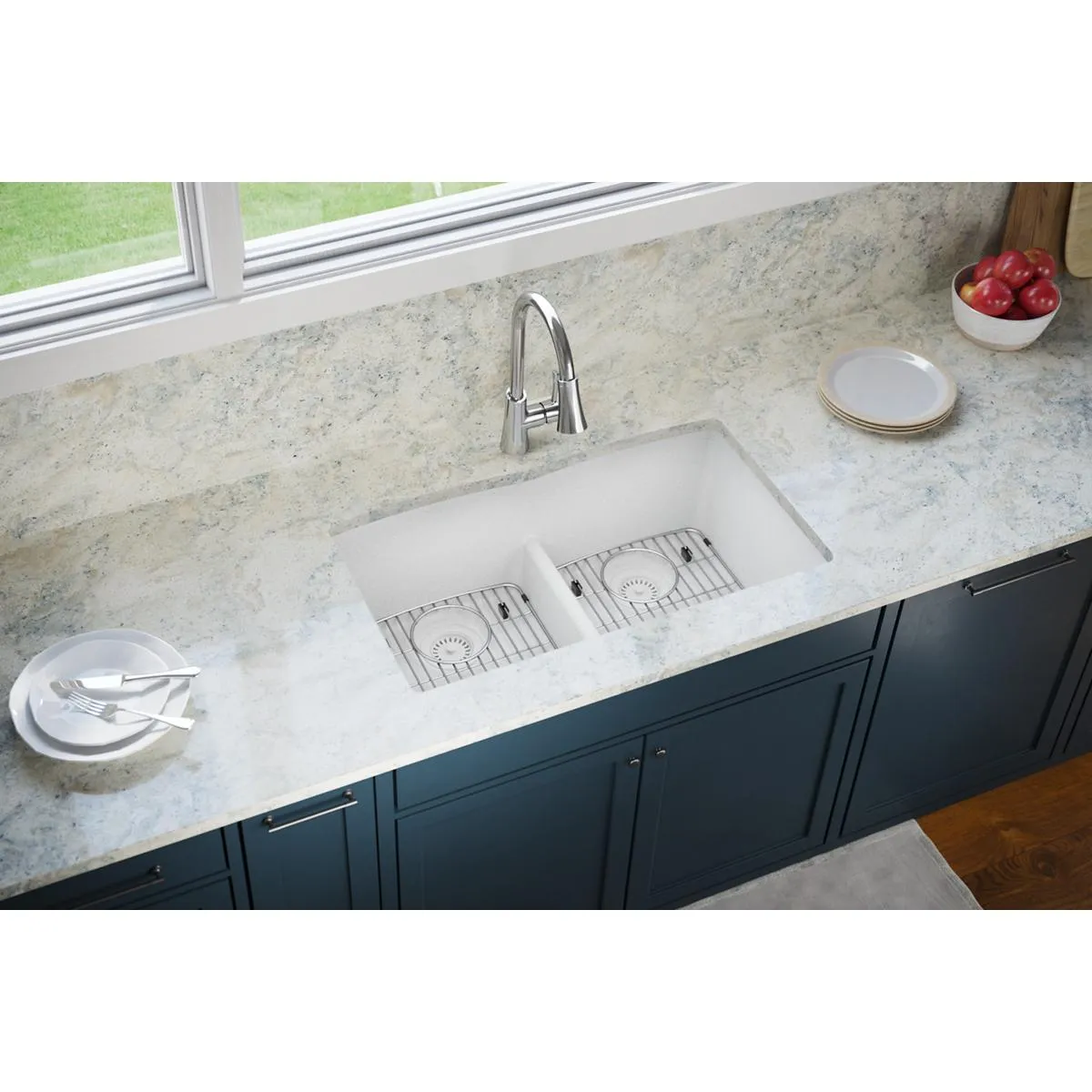 Quartz Classic 33" x 19" x 10" Double-Basin Undermount Kitchen Sink in White