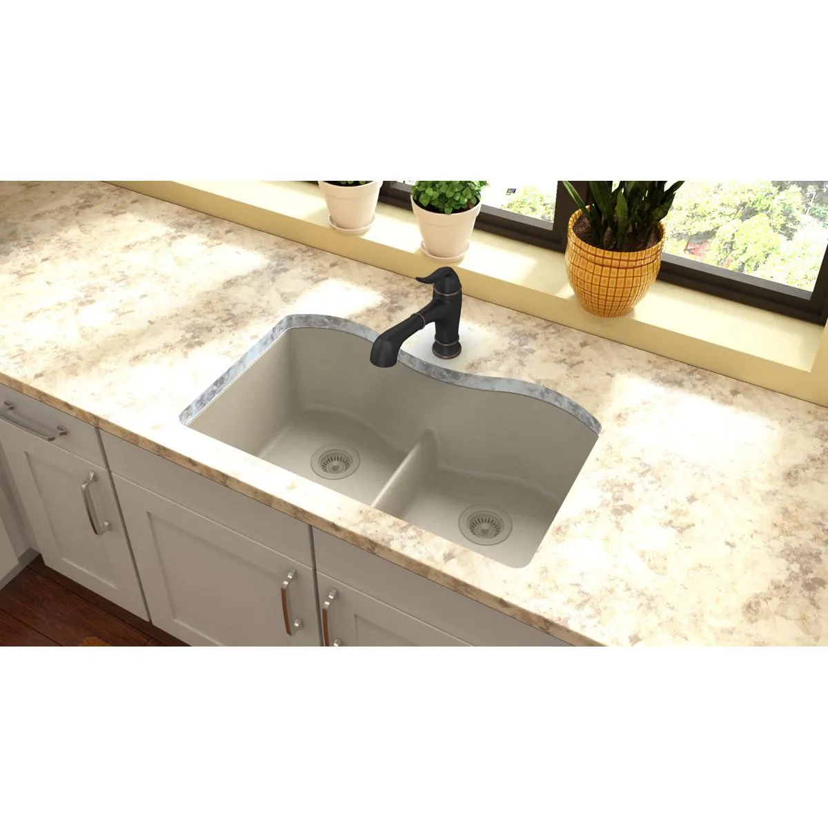 Quartz Classic 33" x 20" x 9.5" Double-Basin Undermount Kitchen Sink in Bisque