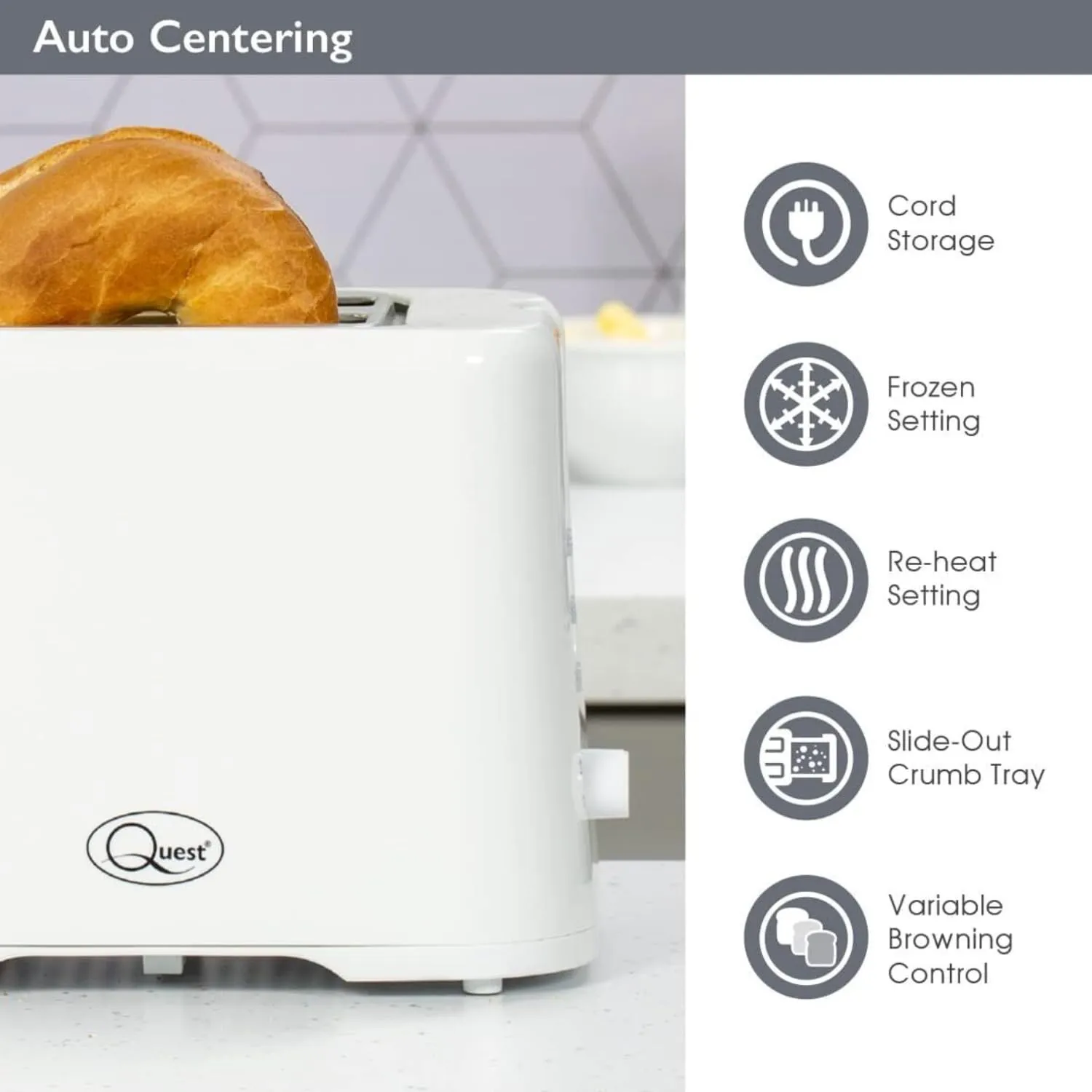 Quest 34279 2 Slice Toaster / Variable Browning Control / Reheat and Defrost / Crumb Tray and Cord Storage / White / 870W