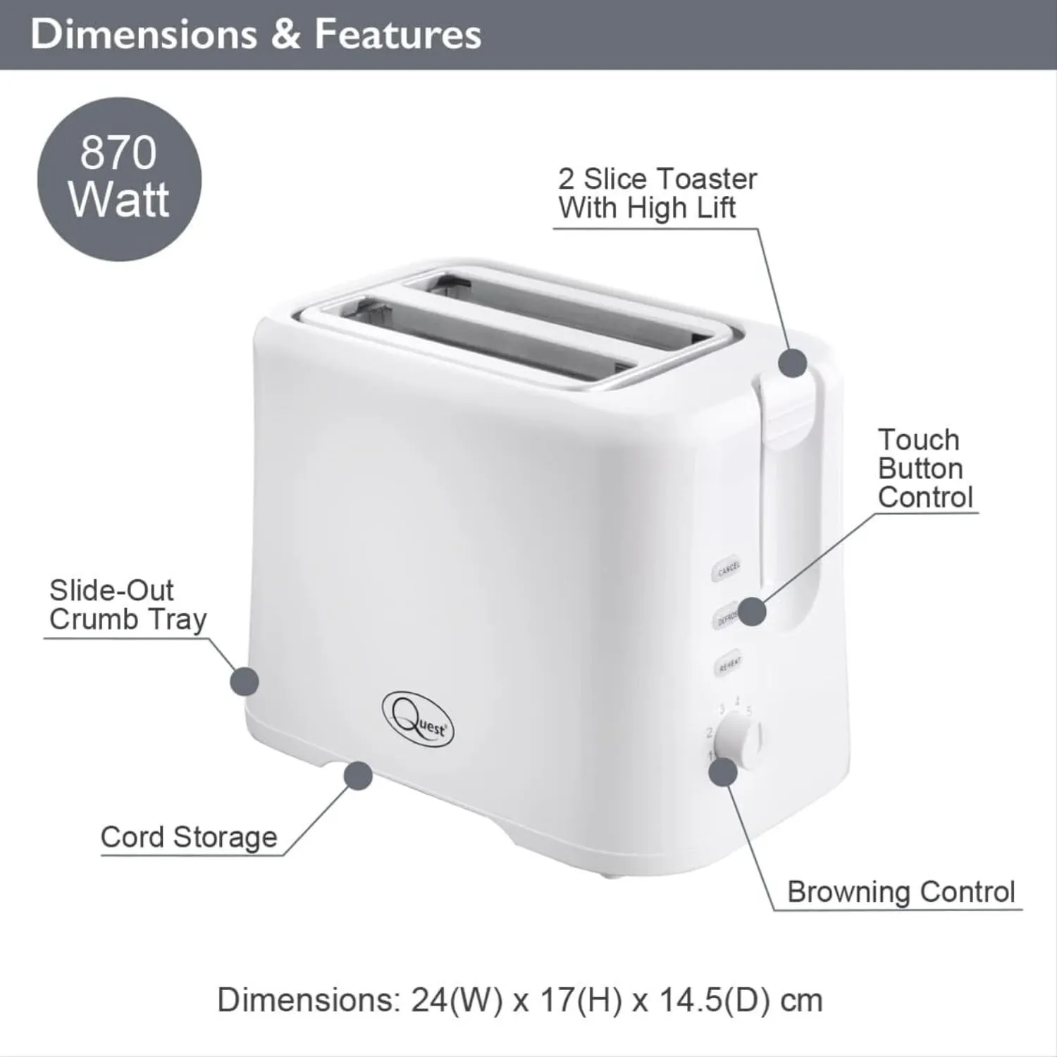 Quest 34279 2 Slice Toaster / Variable Browning Control / Reheat and Defrost / Crumb Tray and Cord Storage / White / 870W