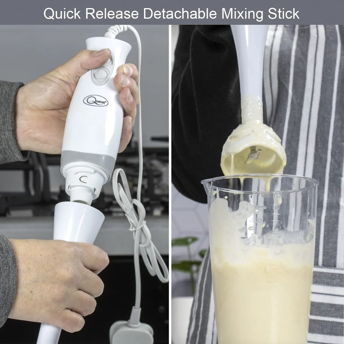 Quest 35090 Handheld Stick Blender / 2 Speed Settings / Detachable Easy Clean Stick / Ergonomic Grip / Hanging Loop for Storage / 200W / For Sauces, Smoothies, Soups & More