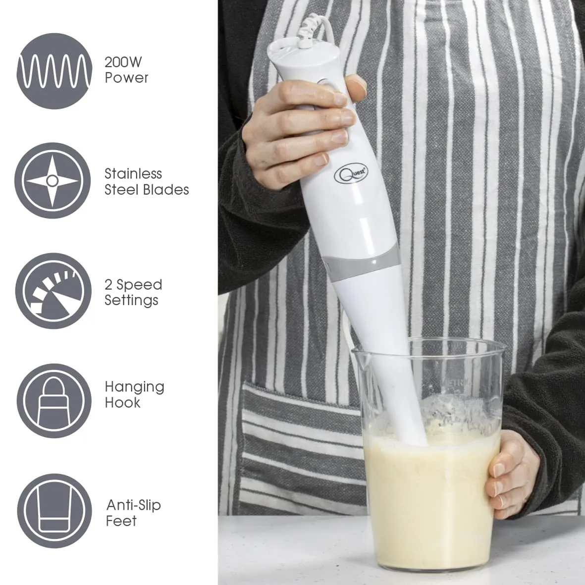 Quest 35090 Handheld Stick Blender / 2 Speed Settings / Detachable Easy Clean Stick / Ergonomic Grip / Hanging Loop for Storage / 200W / For Sauces, Smoothies, Soups & More