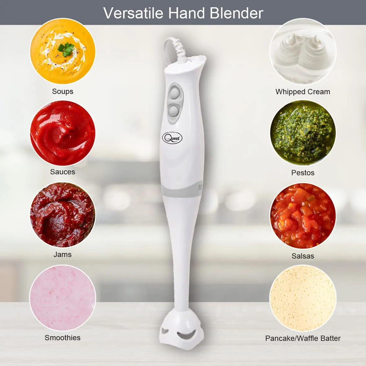 Quest 35090 Handheld Stick Blender / 2 Speed Settings / Detachable Easy Clean Stick / Ergonomic Grip / Hanging Loop for Storage / 200W / For Sauces, Smoothies, Soups & More