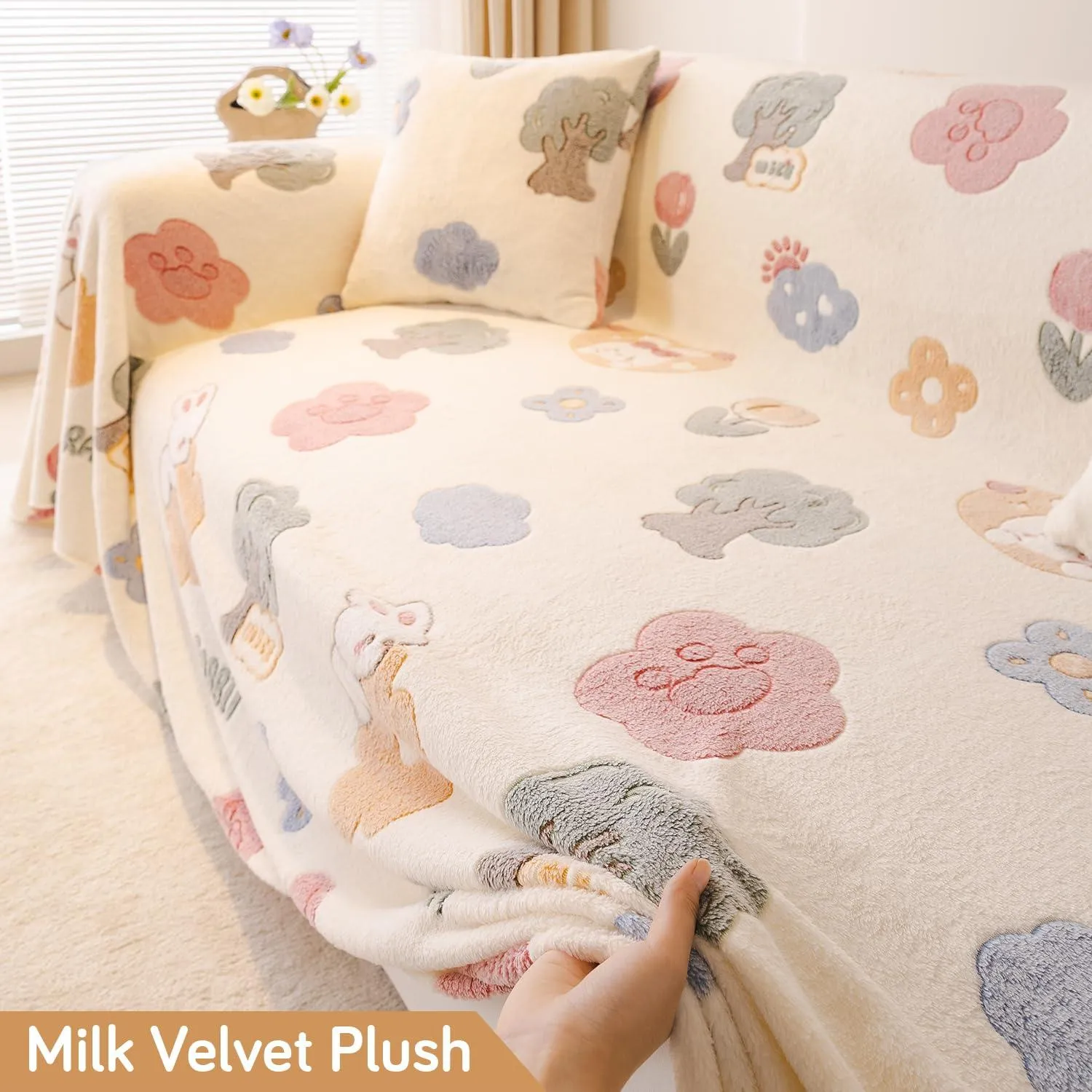 Soft and Cozy Fully Covered Velvet Plush Sofa Throw for 1/2/3-Seater, Bunny Rabbit