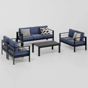 Superjoe 5 Pcs Outdoor Aluminum Furniture Set 7 Seats Patio Sectional Sofa Conversation Set Chat Counch Chair with Table Black Frame Blue Cushion patio conversation sets