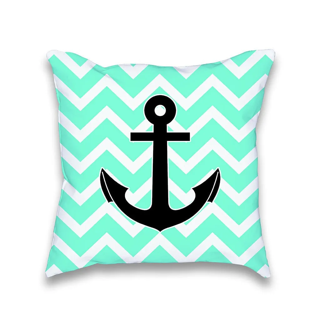 Tiffany Turquoise Chevron Anchor Print Pillow