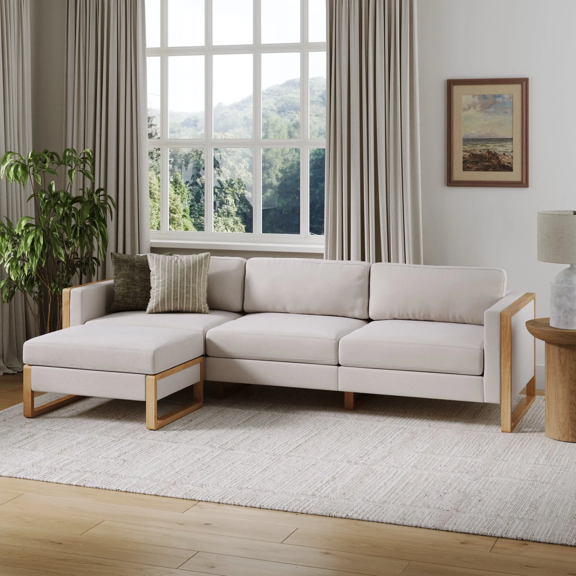 Upholstered 3-Seat Sofa & Ottoman Bisque Linen