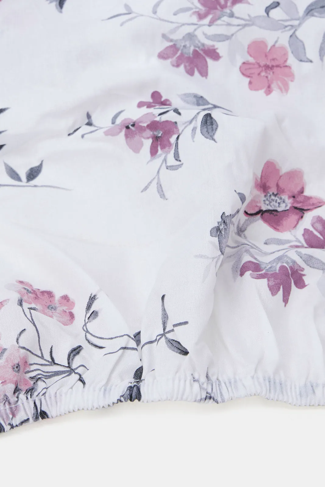 White And Pink Floral Printed Fitted Sheet (King Size)