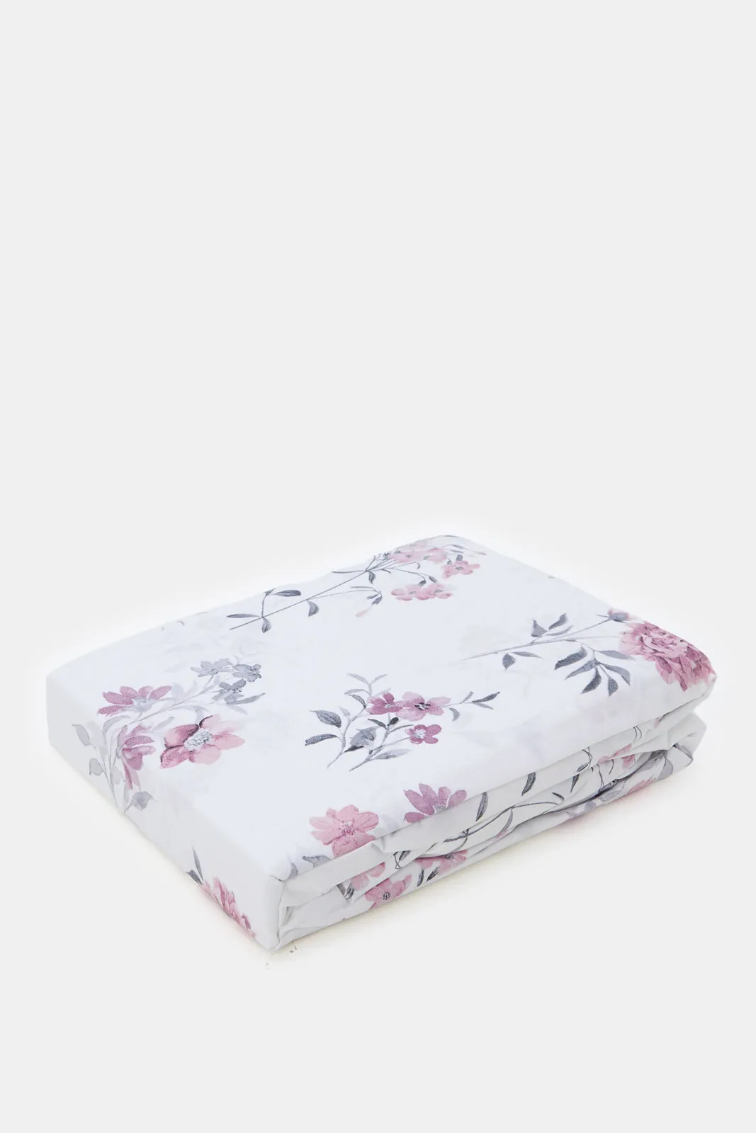 White And Pink Floral Printed Fitted Sheet (King Size)