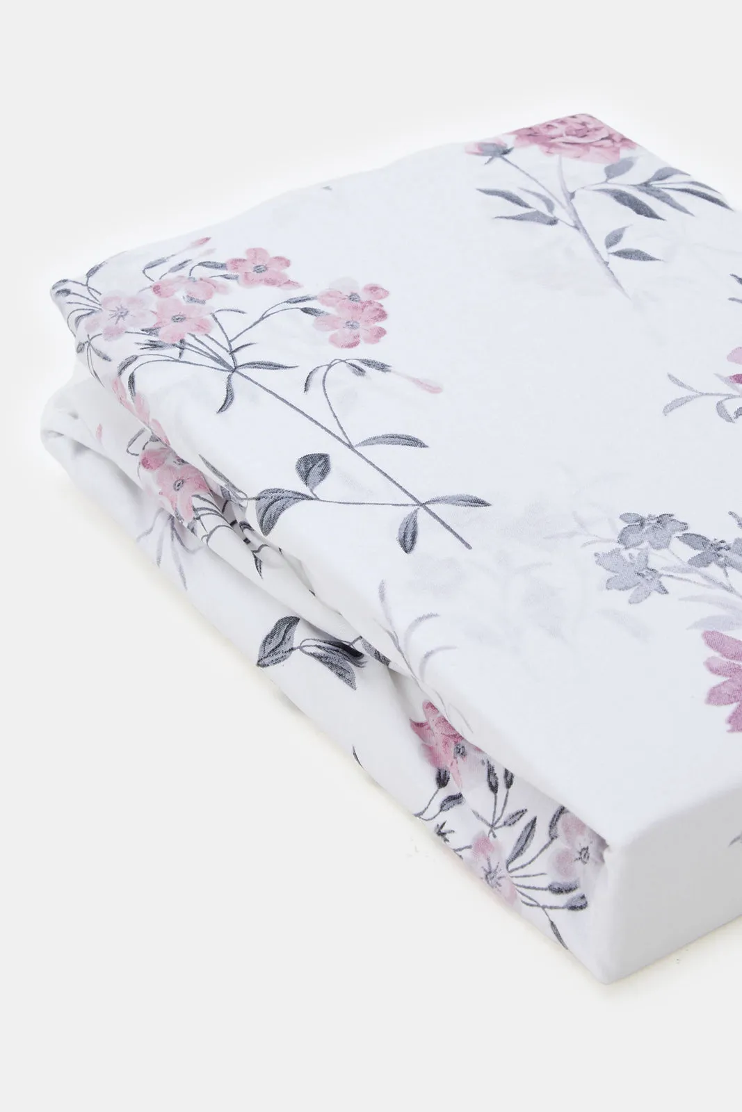 White And Pink Floral Printed Fitted Sheet (King Size)