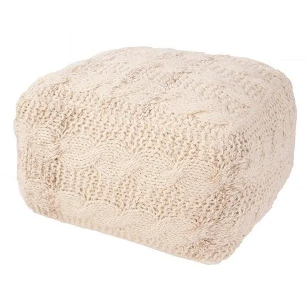 Wool Knit Square Cream Ottoman Pouf